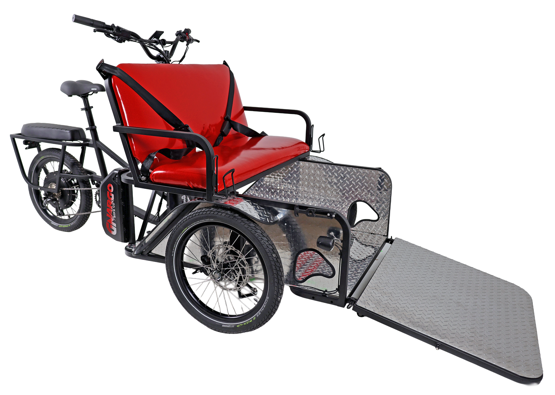 Red wheelchair with a attached ramp on a white background