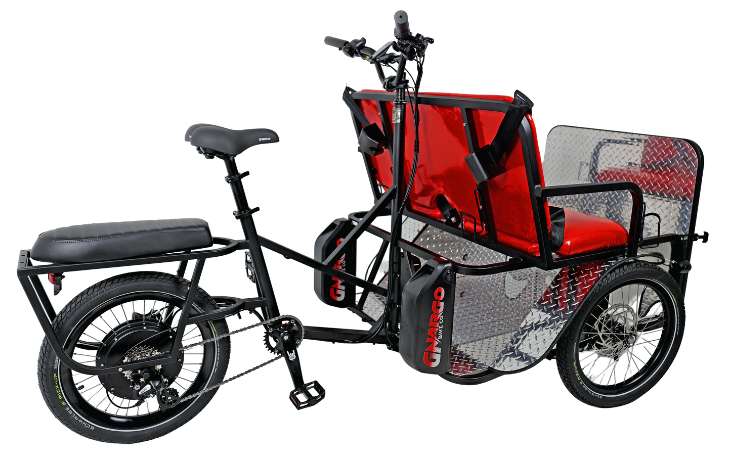 Black cargo bike with a red child seat and black basket on a white background