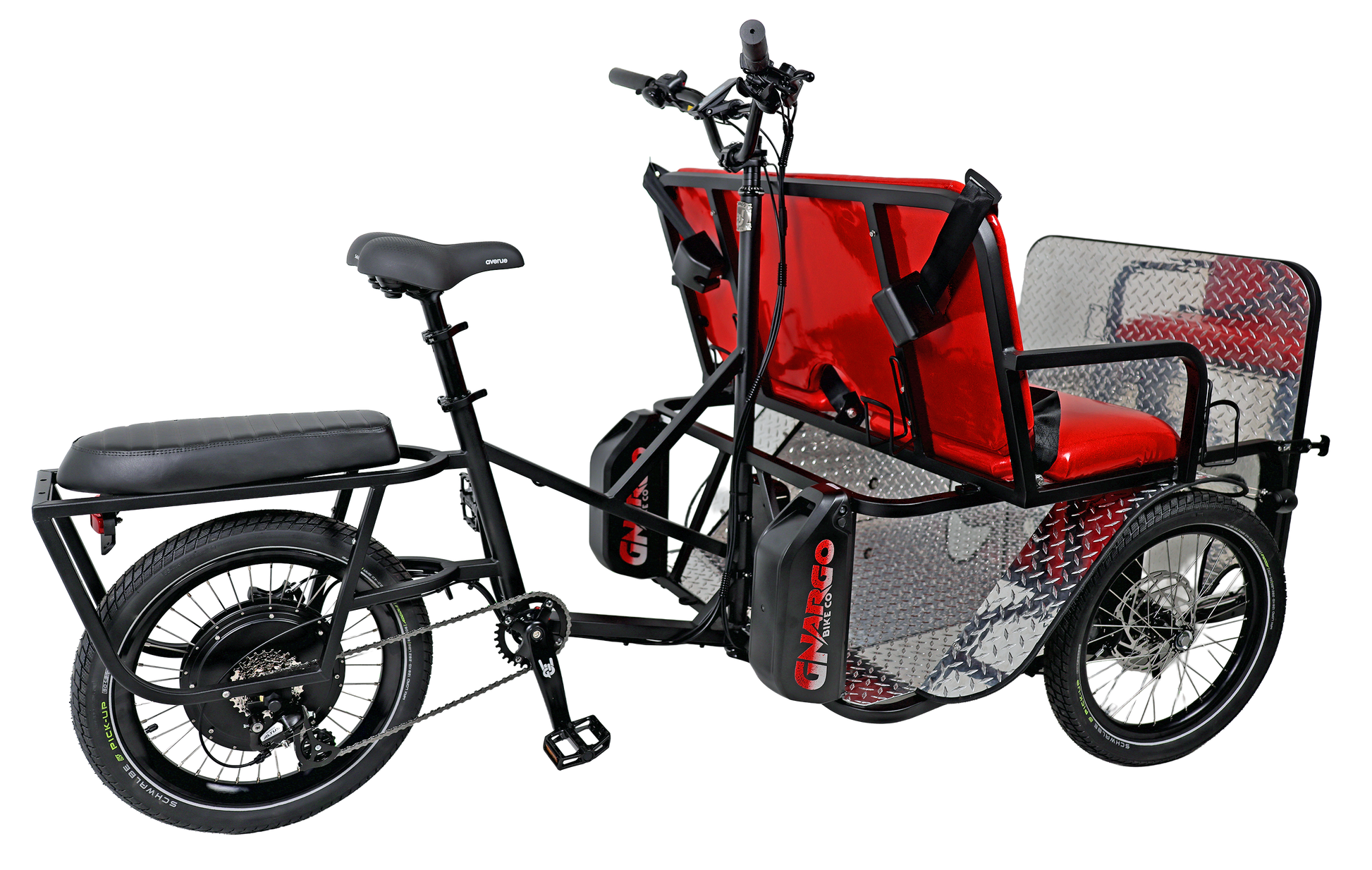 Black cargo bike with a red child seat and black basket on a white background