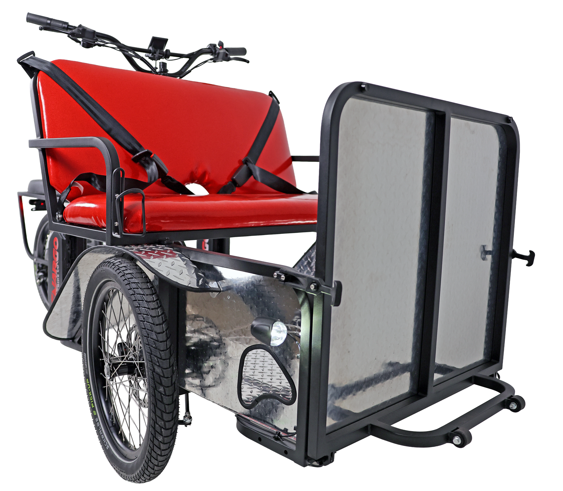 Red bicycle cargo trailer with a black frame on a white background