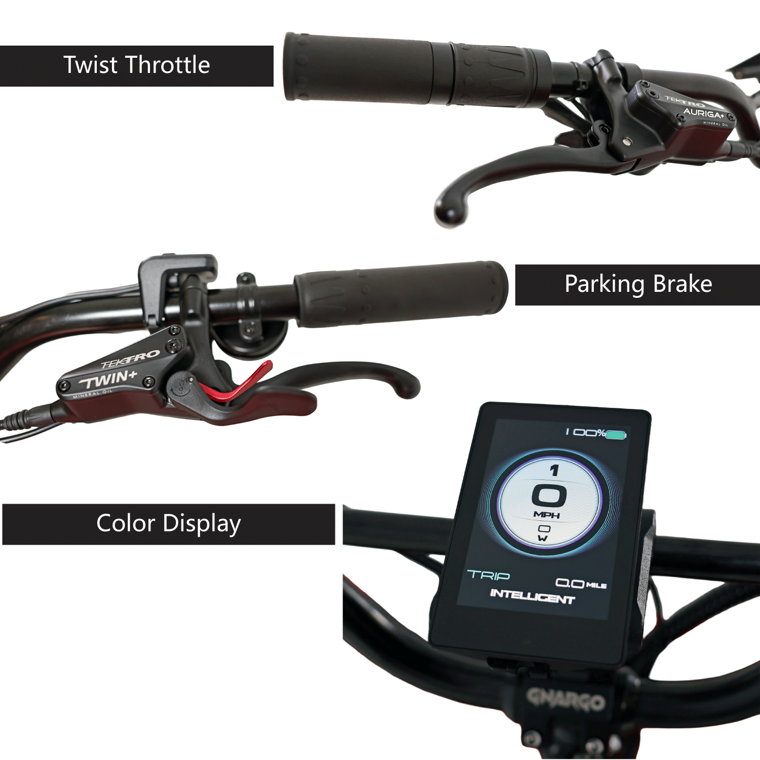 Close-up of motorcycle handlebar controls with labels on a white background