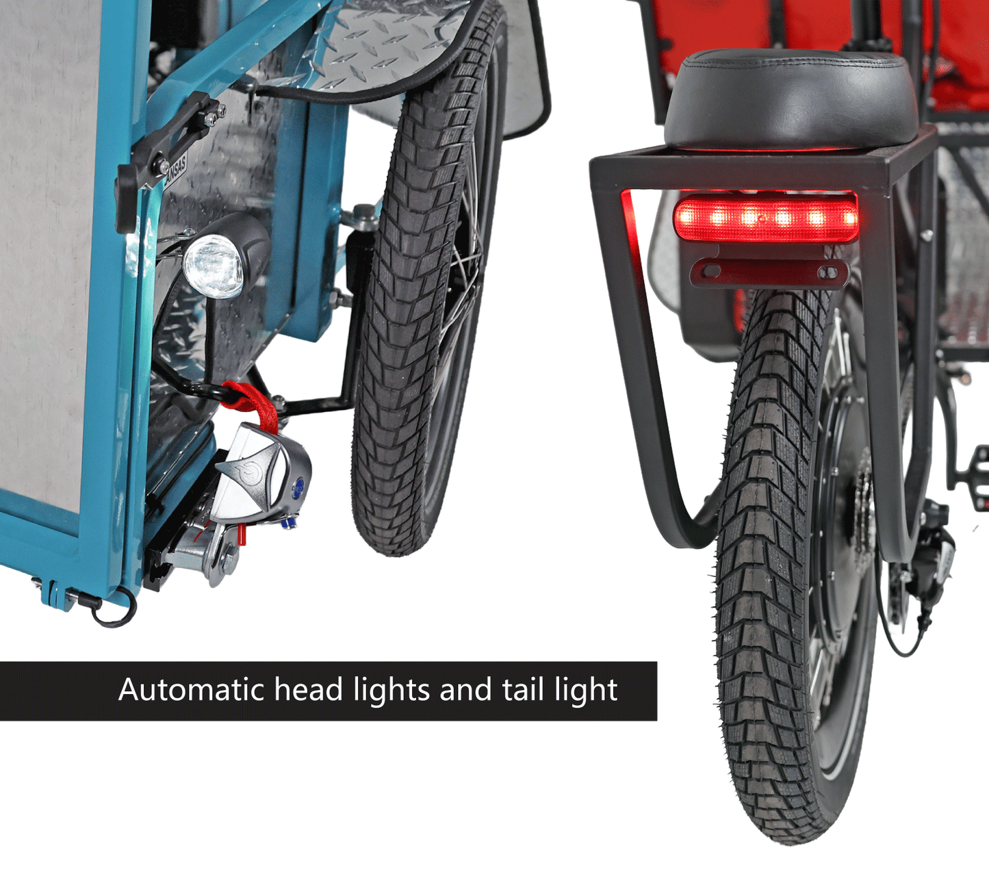 Close-up of a bicycle trailer with visible headlight and tail light on a white background.