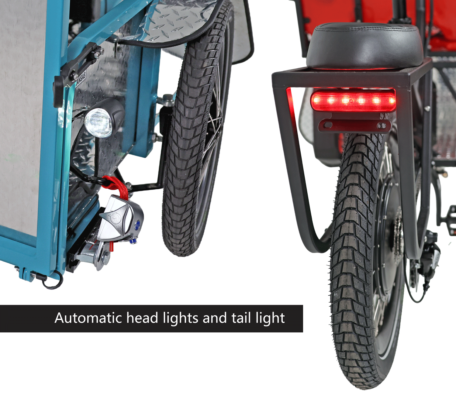 Close-up of a bicycle trailer with visible headlight and tail light on a white background.