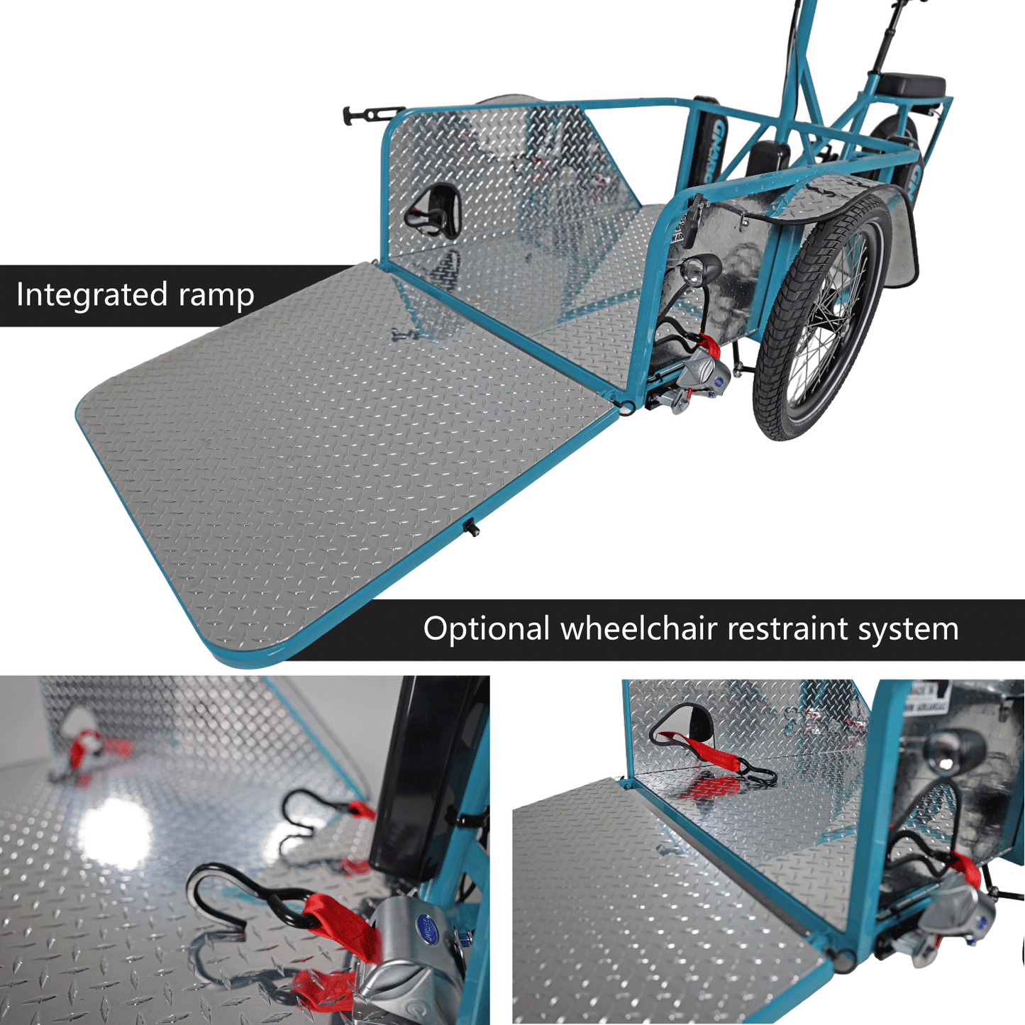 Bicycle cargo trailer with integrated ramp and wheelchair restraint system on a white background