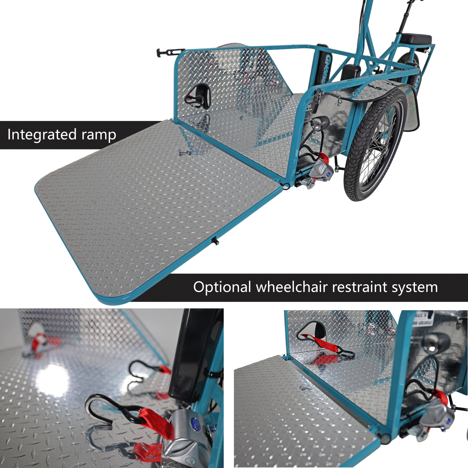 Bicycle cargo trailer with integrated ramp and wheelchair restraint system on a white background