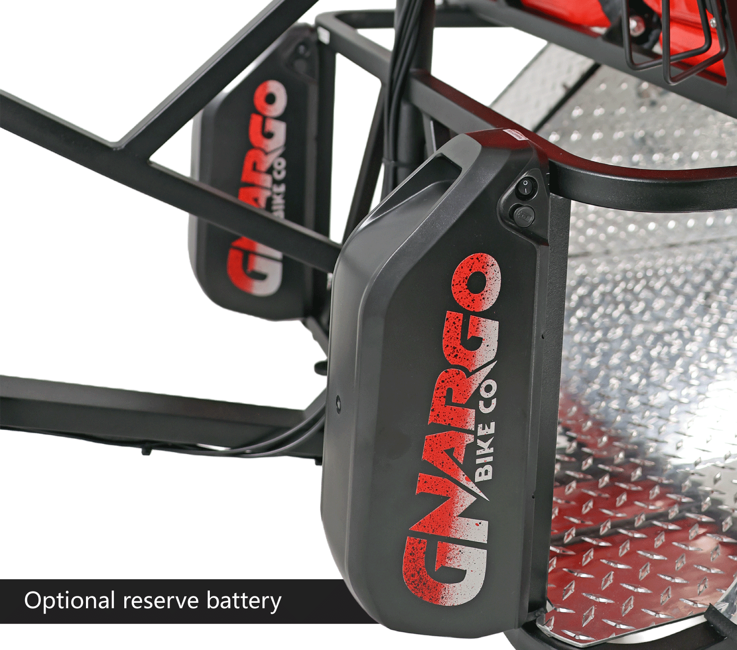 Gnargo bike component with 'Optional reserve battery' text on a white background