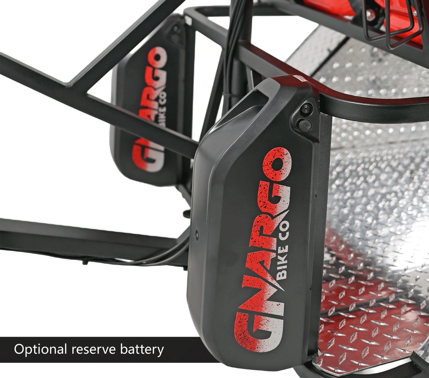 Gnargo bike component with 'Optional reserve battery' text on a white background