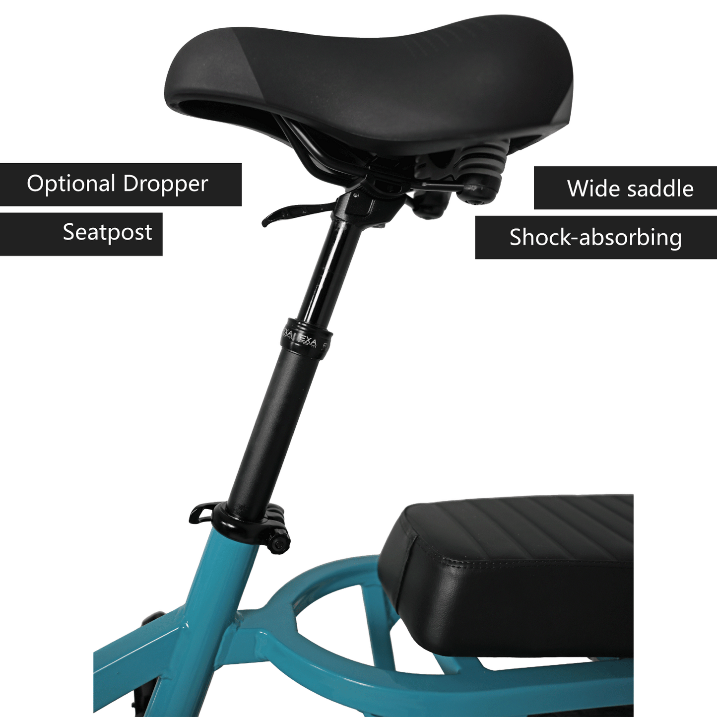 Bicycle seat with dropper post and wide saddle on a white background