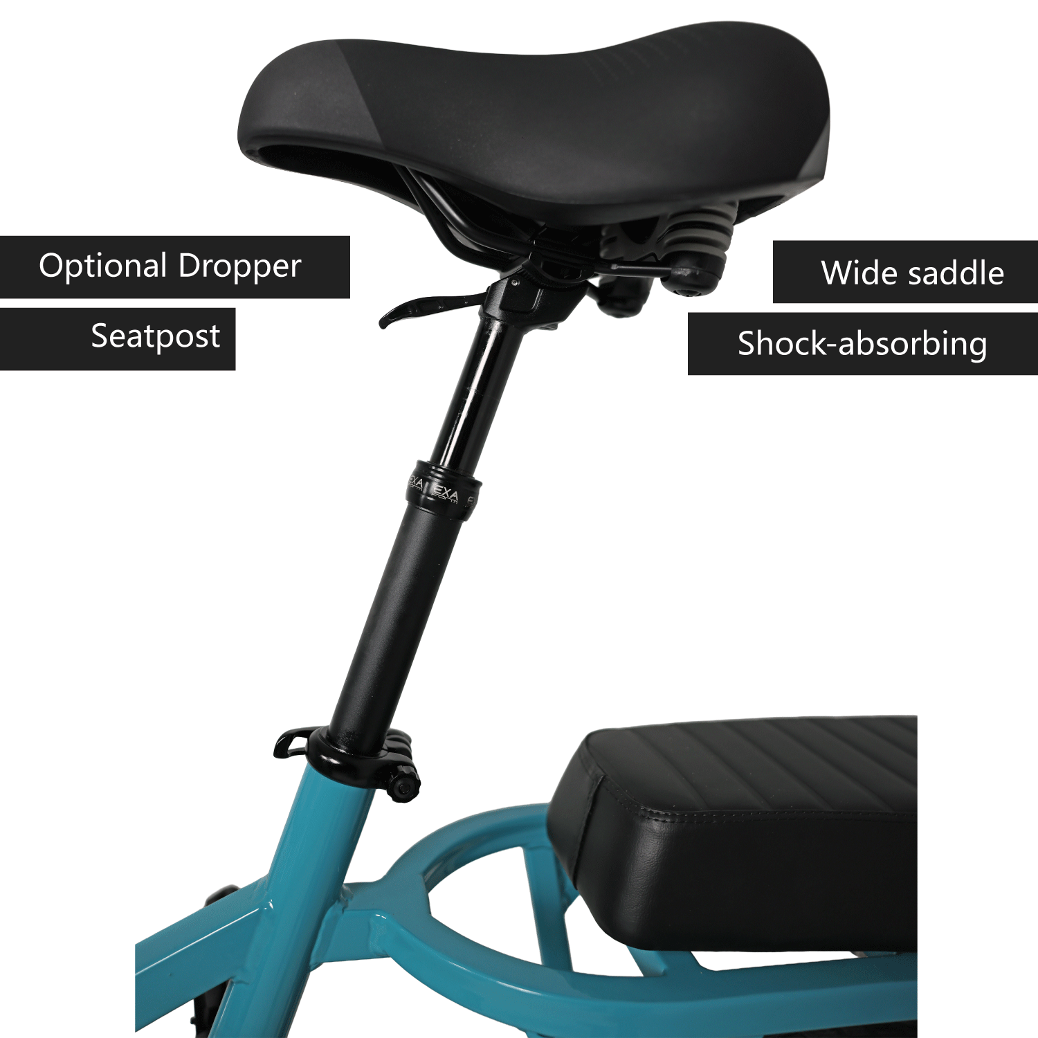 Bicycle seat with dropper post and wide saddle on a white background