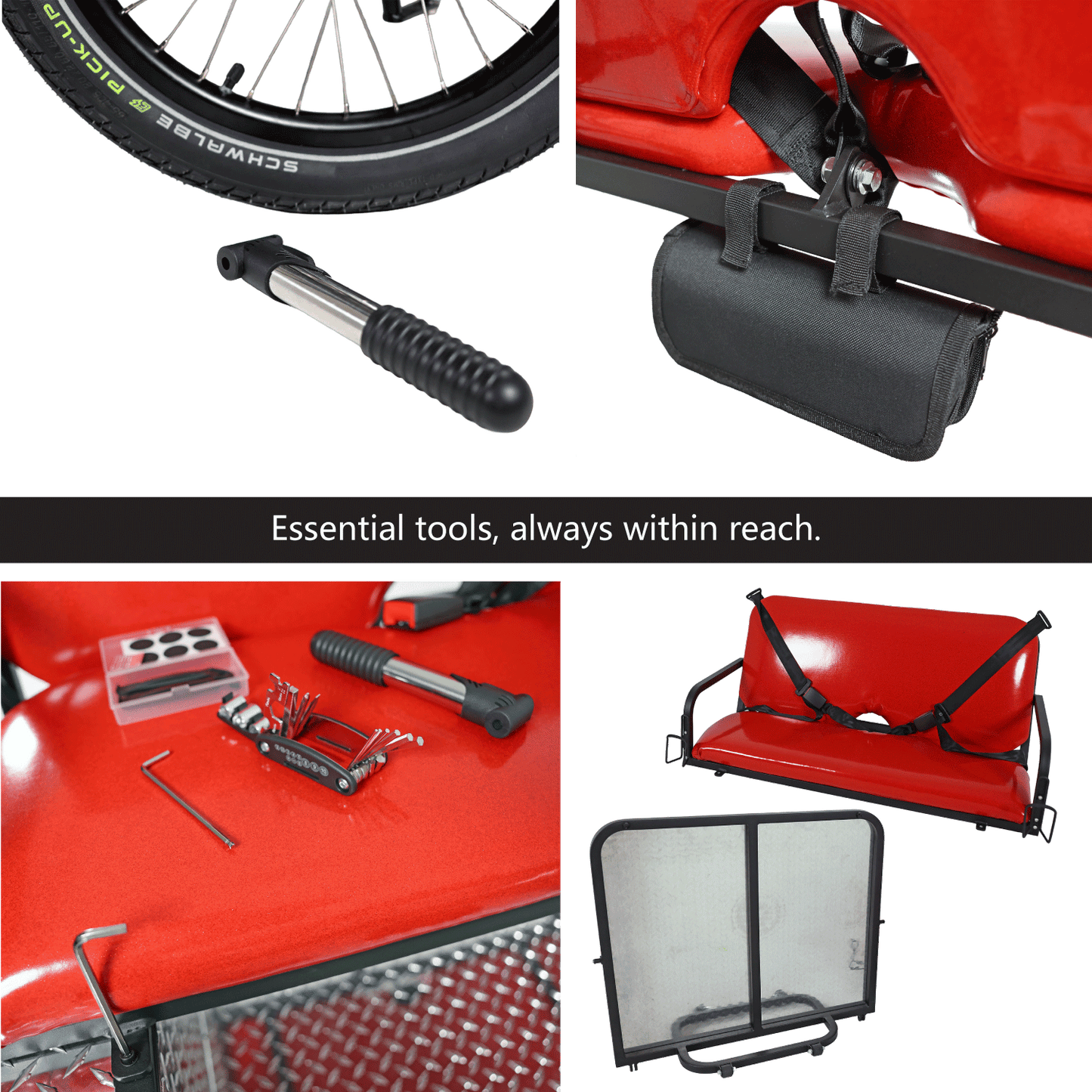 Collection of essential tools and accessories for a red vehicle, including a tire, tool kit, and seat.