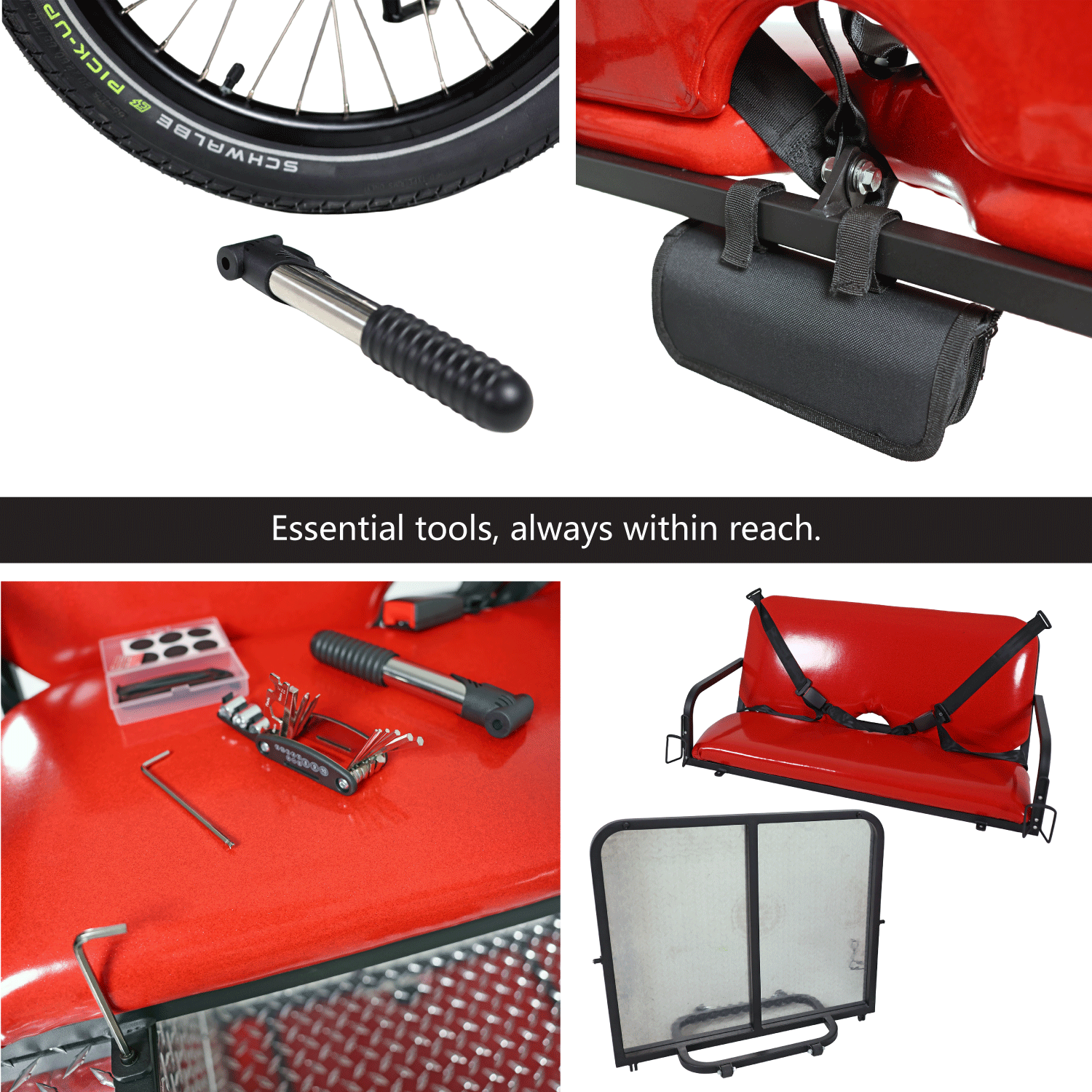 Collection of essential tools and accessories for a red vehicle, including a tire, tool kit, and seat.