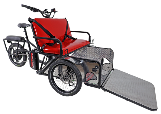 Red wheelchair with a attached ramp on a white background
