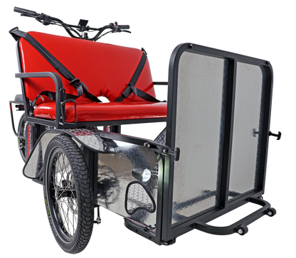 Red bicycle cargo trailer with a black frame on a white background