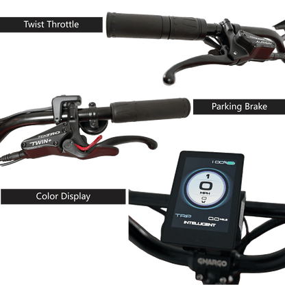 Close-up of motorcycle handlebar controls with labels on a white background
