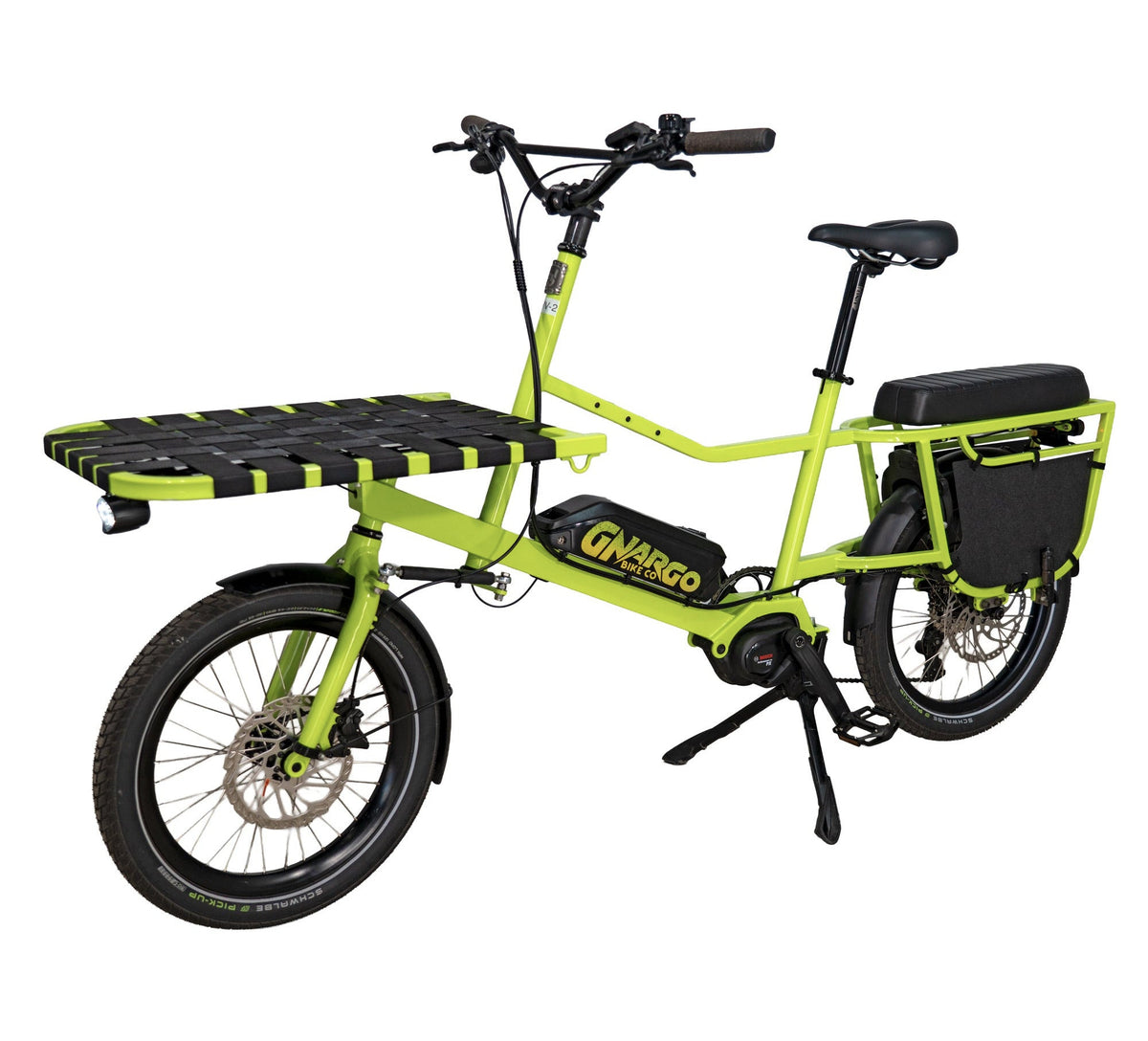 A bright neon yellow-green cargo bike with a black seat, black tires, a black rear cargo bag, and a black front cargo platform with yellow hazard stripes. The frame features the brand name 'GNARGO' in yellow.