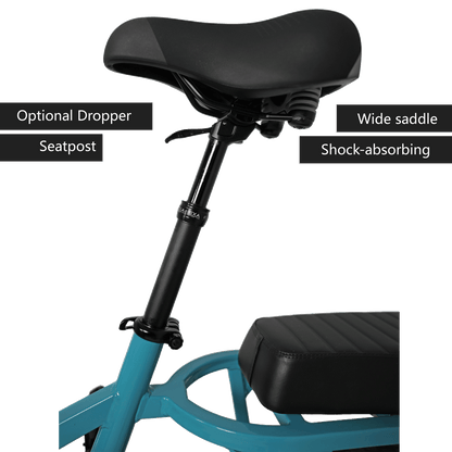 Bicycle seat with dropper post and wide saddle on a white background