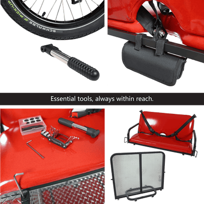 Collection of essential tools and accessories for a red vehicle, including a tire, tool kit, and seat.
